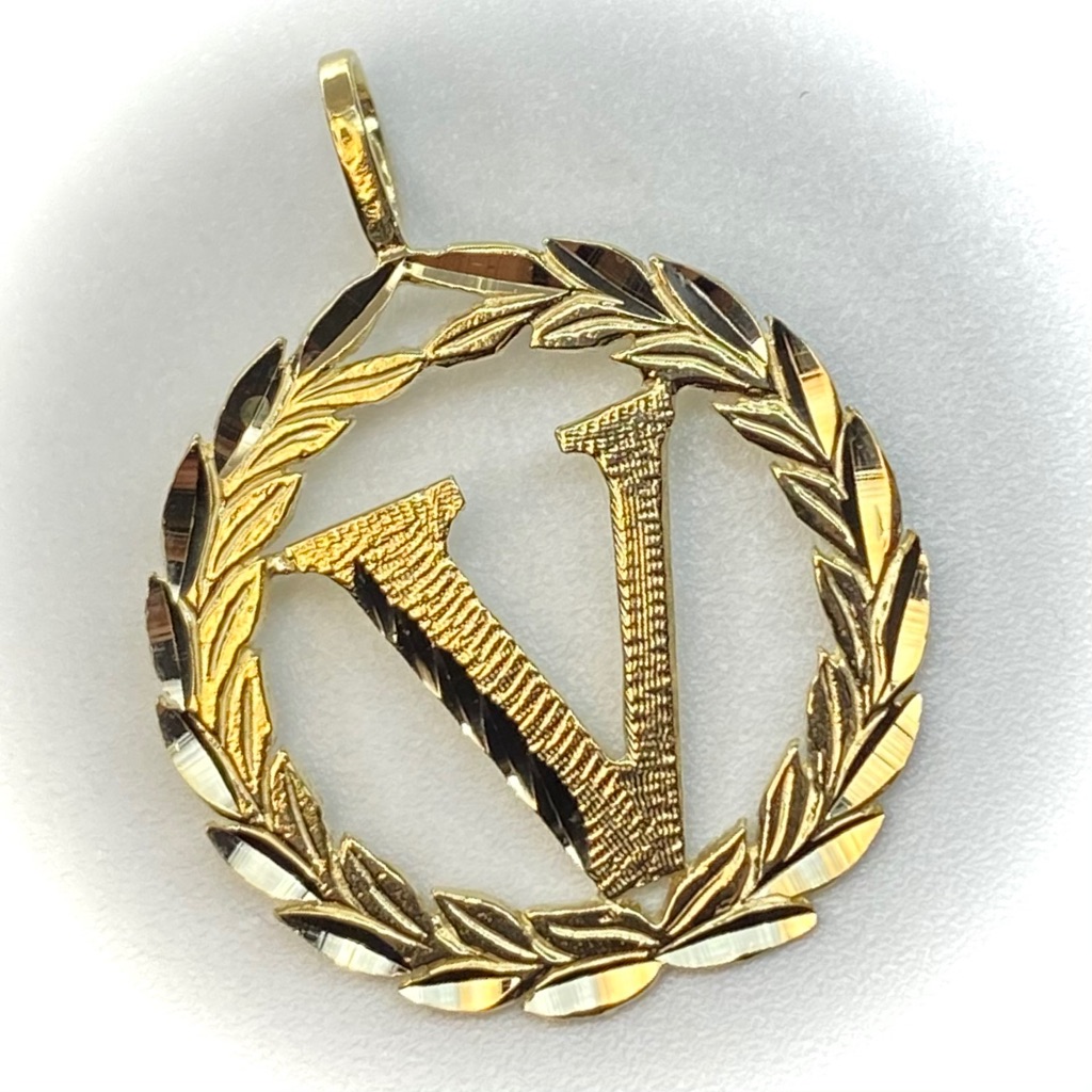 14k Solid Gold Round Initial Letter V Pendant